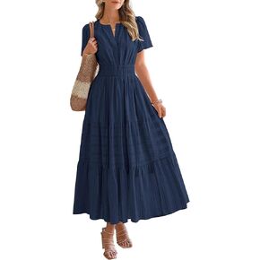 BTFBM 2025 Womens Summer Casual Midi Maxi Dresses Lightweight Short Sleeve V Neck Elastic Waist Boho Beach Dress Pockets