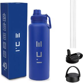 ICE Sports Water Bottle - Includes 3 Lids (1 Straw Lid) & 2 Straws - Leak proof Stainless Steel Gym & Sport Bottles for Men, Women & Kids - Double Walled, Insulated Thermos (Blue, 22 oz)