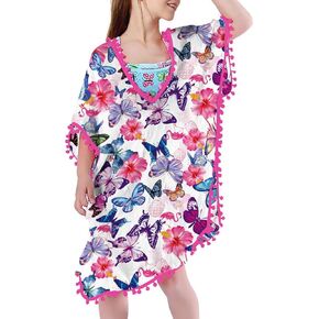 Funnycokid Girls Swimsuit Cover Ups Kids Beach Bathing Suit Coverup Swim Cover Wraps with Pom Pom Trim 3-12 Years