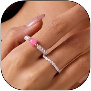 Rrdaily Vintage Pearl Rings for Women Trendy, Boho Thin Pearl Beaded Knuckle Finger Rings, Adjustable Elastic Stretch Rings, Fashion Statement Pearl Jewelry