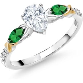 Gem Stone King 925 Silver 10K Yellow Gold Pear Shape White Moissanite Green Nano Emerald and White Lab Grown Diamond Engagement Ring For Women (1.16 Cttw, Available in Size 5,6,7,8,9)