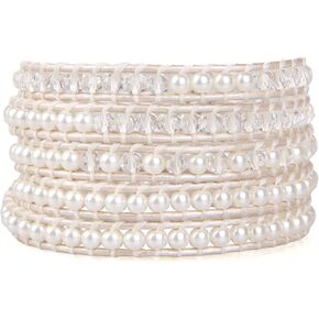 KELITCH White Pearl Crystal Beads Bracelet 5 Wrap Bracelets Handmade White Leather Charm Bracelets for Women