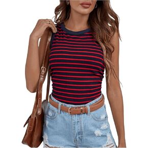 Milumia Women Striped Crew Neck Ribbed Knit Tank Tops Slim Fit Sleeveless Tops