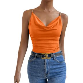 SHENHE Women's Ruched Sleeveless Cowl Neck Chain Spaghetti Strap Cami Tank Crop Tops