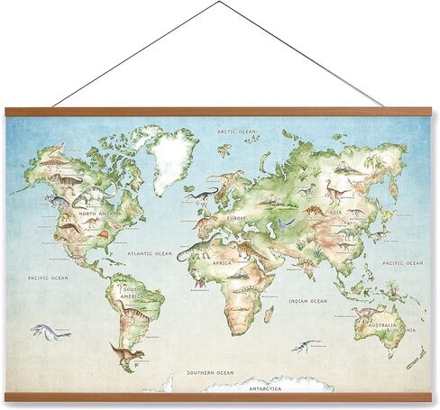 ملصق عالم الديناصورات من Lenny's World مقاس 36 × 24 بوصة - لوحة فنية جدارية على قماش الكتان مع شماعة من خشب الساج - ملصقات تعليمية للفتيات وغرفة الأولاد - ديكور دينو ملون لغرفة نوم الأطفال والفصول الدراسية in Kuwait