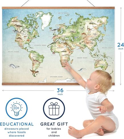 ملصق عالم الديناصورات من Lenny's World مقاس 36 × 24 بوصة - لوحة فنية جدارية على قماش الكتان مع شماعة من خشب الساج - ملصقات تعليمية للفتيات وغرفة الأولاد - ديكور دينو ملون لغرفة نوم الأطفال والفصول الدراسية in Kuwait