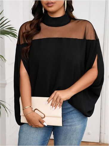 Verdusa Women's Plus Size Mock Neck Sheer Mesh Blouse Dolman Short Sleeve Tunic Shirts in Saudi Arabia