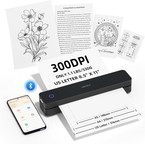 HPRT MT610 Pro Portable Printers Wireless for Travel, Bluetooth Thermal Printer Compatible with iOS, Android & Laptop, Support 8.5x11 US Letter&A4 Thermal Paper, Inkless Mobile Printer for Home, Black in Saudi Arabia