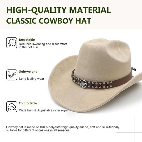 Cowboy Hat for Women Men Wide Brim Western Cowgirl Hat Roll up Brim with Belt Buckle Classic Suede Country Cowboy Hat in Saudi Arabia