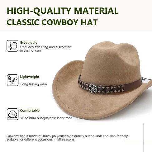 Cowboy Hat for Women Men Wide Brim Western Cowgirl Hat Roll up Brim with Belt Buckle Classic Suede Country Cowboy Hat in Saudi Arabia