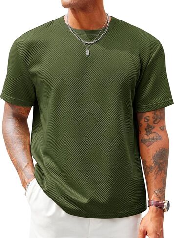 Runcati Men's Casual T-Shirts Short Sleeve Crewneck Summer Stretchy Shirt Textured Jacquard Tops in Kuwait