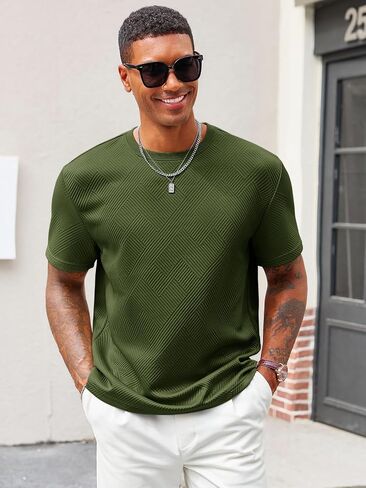 Runcati Men's Casual T-Shirts Short Sleeve Crewneck Summer Stretchy Shirt Textured Jacquard Tops in Kuwait