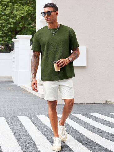 Runcati Men's Casual T-Shirts Short Sleeve Crewneck Summer Stretchy Shirt Textured Jacquard Tops in Kuwait
