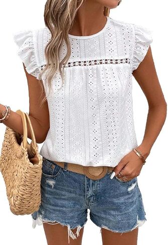 SKAYS Womens Summer Eyelet Ruffle Sleeve Crewneck Tank Top Casual Short Sleeve Blouse T Shirts in Kuwait