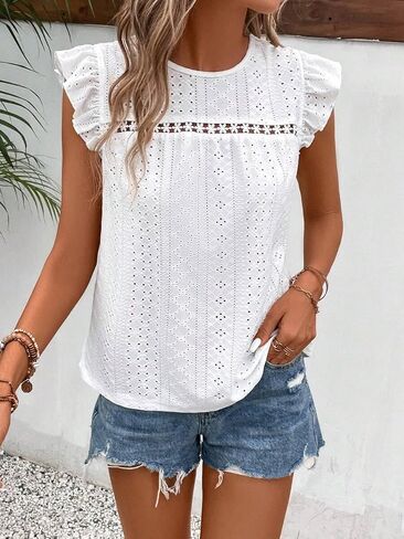 SKAYS Womens Summer Eyelet Ruffle Sleeve Crewneck Tank Top Casual Short Sleeve Blouse T Shirts in Kuwait