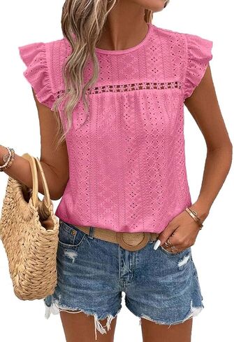 SKAYS Womens Summer Eyelet Ruffle Sleeve Crewneck Tank Top Casual Short Sleeve Blouse T Shirts in Kuwait