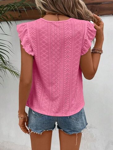 SKAYS Womens Summer Eyelet Ruffle Sleeve Crewneck Tank Top Casual Short Sleeve Blouse T Shirts in Kuwait