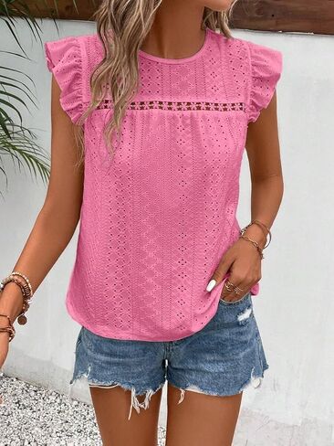 SKAYS Womens Summer Eyelet Ruffle Sleeve Crewneck Tank Top Casual Short Sleeve Blouse T Shirts in Kuwait