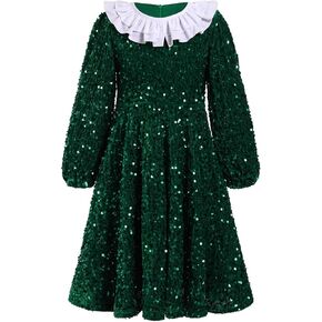 FYMNSI Toddler Baby Girls Christmas Dress Sparkle Sequin Long Sleeve Detachable Collar Velvet Dress Kids Fall Winter Clothes