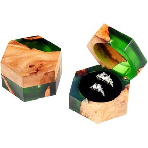 Green Double Slot Ring Box, Wood and Resin Wedding Engagement Ring Box, Wedding ring boxes for Ceremony, 2 Slots Vintage Hexagon Ring Box, Couple Ring Box for Anniversary Bridal Ring Box