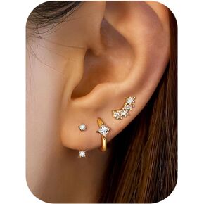 FIBO STEEL 14K Gold Earrings for Women - 925 Sterling Silver Hypoallergenic Earrings Set for Multiple Piercing - Cartilage Dainty Small Huggie Hoop Stud Earring Stacks for Sensitive Ears