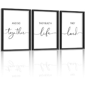 Houmury Framed Set of 3 And So Together They Built A Life They Loved Above Bed Wall Decor Wall Art for Farmhouse Home Bedroom Kitchen Living Room Wood Signs (Black,12"x16")