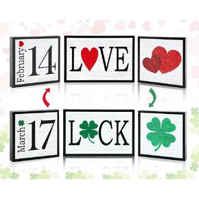 Reversible Happy Valentine's Day/St.Patrick’s Day Decorations Wooden Sign Double-Sided Love Luck Rustic Farmhouse St. Patrick’s Day Valentine Decors for Table Centerpiece Home Mantel Shelf Tiered Tray
