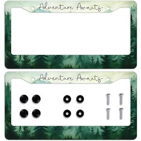 Adventure Awaits License Plate Frame Misty Forest Car Front License Plate Personalise Stainless Steel Auto Parts Funny License Plate Frames Decoration with Screws Size for Men Women 12.2"x6.2" 2Pcs