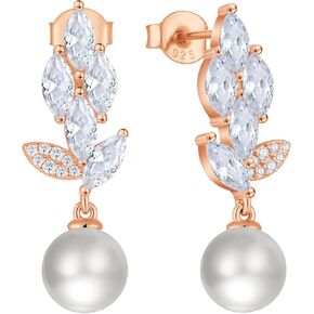 Bridal Women Wedding Earrings 925 Sterling Silver Leaf Pearl Dangle & Drop Earrings with 5A Cubic Zirconia for Brides Bridesmaids Proms Jewerly Gifts