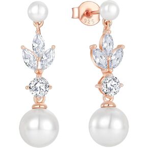 Pearl Earrings 925 Sterling Silver 4MM Freshwater and 8MM Swarovski Pearl Leaf Dangle & Drop Earrings with 5A Cubic Zirconia for Wedding Proms Birthday Jewerly Gifts for Women
