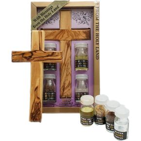 Handmade Holy Land 8"/20cm Olive Wood Traditional Latin Cross Christian Gift Set Symbols 5pcs: Incense Olive Oil, Holy Water, Bethlehem Soil Earth Blessing Kit