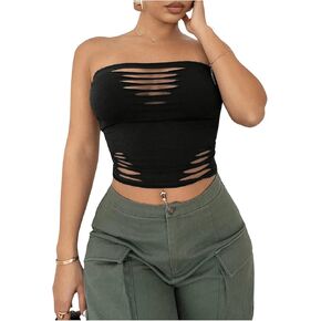 Women's Cut Out Strapless Tube Top Sleeveless Ripped Bandeau Party Going Out Crop Tops