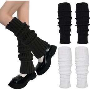 Teaaha 2 Pairs Ballet Leg Warmers for Women Winter, 80s 90s White Black Leg Warmer Soft Warm Leg Warmwrs Outfit Fashion Knit Neon Ribbed Leg Socks Y2k Legwarmers for 80s Party, Yoga, Ballet & Dance