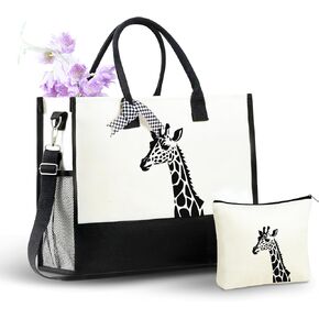 InnoBeta Giraffe Gifts, Canvas Tote Bag with Top Zipper Closure and Shoulder Strap for Birthday, Christmas and Every Special Occasion