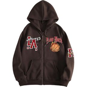 WDIRARA Men's Letter Print Zip Up Drawstring Hoodie Drop Shoulder Long Sleeve Pullover Hooded Sweatshirts with Pocket