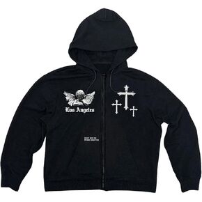 GORGLITTER Men's Zip Up Hoodies Graphic Long Sleeve Drawstring Oversized Hooded Sweatshirt