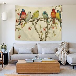 Buyidec Vintage Spring Colorful Birds on Flower Branch Linen Tapestry Wall Hanging Art Deco Tapestries for Bedroom Living Room Dorm