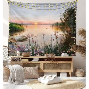 Ambesonne Nature Tapestry, Sunset at Chudskoy Lake Estonia View Spring Flowers Landscape Photo, Wide Wall Hanging for Bedroom Living Room Dorm, 60" X 40", Soft Blue Pale Pink