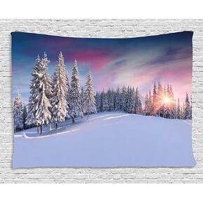 Ambesonne Winter Tapestry, Idyllic Panorama of Winter Sunrise in Snow Covered Mountains Serenity Freshness, Wide Wall Hanging for Bedroom Living Room Dorm, 80" X 60", Pastel Lavender