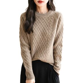 Women's Crew Neck 100% Merino Wool Sweater 2024 Fall Winter Classic Vintage Cable Warm Long Sleeve Knit Sweater