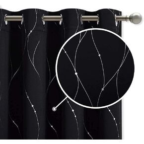 StangH Black Blackout Curtains - Wave Line with Dots Printed Modern Curtains Grommet Thermal Insulated Curtain Panels for Parlor/Office, W52 x L72 inch, Black, 2 Panels