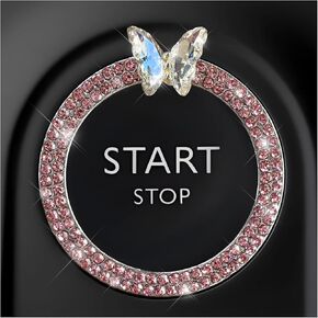 Bling Ring Emblem Car Accessories, Sparkling Butterfly Car Buttons and Knobs Ring, Girly Butterfly Diamond Car Engine Start Button Cover, Key Ignition Knob Ring Decoration for Women (Blue)