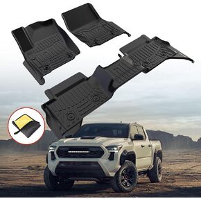 Car Floor Mats for Toyota Tacoma 2024 2025 Double Cab, All Weather Protection TPE Car Mats Custom Truck Liners Accessories, Front & 2nd Row Car Liners Set, Black