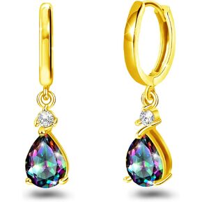 Hoop Earrings with Dangle Charm for Women 14K Gold Plated Sterling Silver Small Mystic Rainbow Topaz Earrings CZ Quartz Teardrop Dangle Multicolor Pear Huggie Earrings Gift for Daughter Birthday