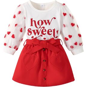 Little Girl Valentines Day Outfit Heart Long Sleeve Shirt+Love Skirt 2Pcs Set