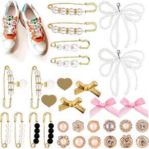 BOXOB 30pcs Shoe Charms for Sneakers, Shoelace Charms DIY Pearl Bows Rhinestone Shoe Lace Accessories Pins for Women Shoe Decoration Charms and Shoes Jewelry