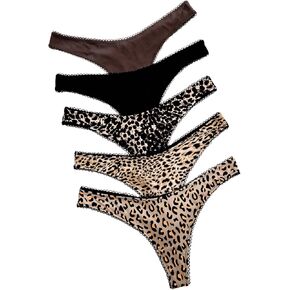 WDIRARA Women's 5 Pack Leopard Print Thongs Triangle Underwear Soft Briefs