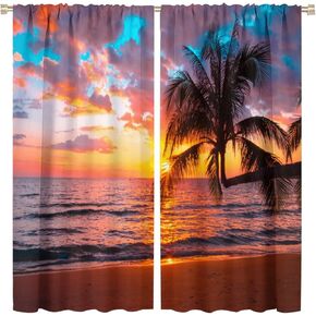 Ocean Sunset Curtains Beach Theme Beautiful Sunset Over The Sea Coconut Trees for Living Room Bedroom Blackout Rod Pocket Printed Window Drapes 2 Panel 42x45in