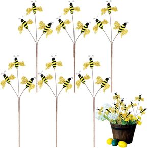 6 Pcs 16 Inch Spring Summer Bee Floral Spray Cute Bee Garden Arrangement Stem Pick Decorative for Garden Lawn Corridor Plant Pot Home Garden Bee Decor