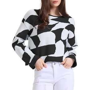 Women's Sweaters Color Block Cropped Sweater Tops Long Sleeve Loose Pullover Knit Jumper Top Checkered Fall Fashion